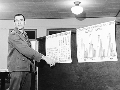Dave Klein territorial deer biologist for Southeast Alaska at deer hunters meeting in Petersburg in 1956 Photo Dave Klein Photograph Collection Courtesy of Karen Brewster