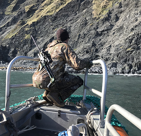 Biologist Justin Jenniges scans the beach at Marmot Island for cover while Boat Officer Tom Gage eases the skiff up to a good landing spot  Some beaches like this are up against sheer cliffs and finding cover for stalking is a challenge  An unloaded CO2powered dart projector is on his back