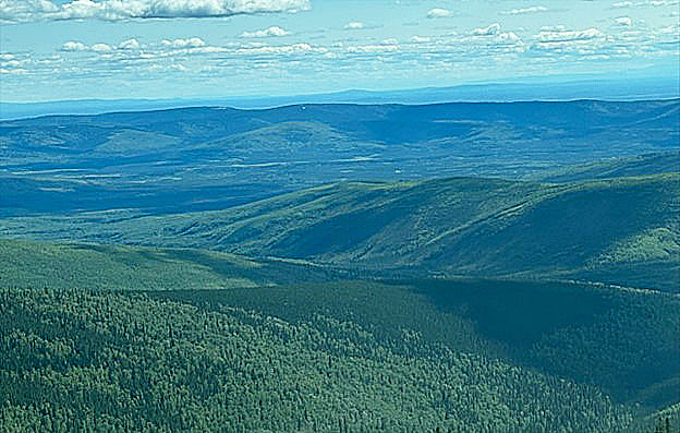 The view from Murphy Dome west of Fairbanks looking across the Goldstream Valley toward Ester The drainages in the foreground make up the headwaters of Fortune Creek Singificant improvements have been made to miles of forest roads in the area