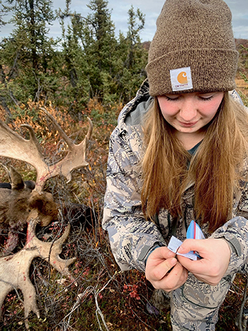 Jillian Holland tags her moose Sept 2020  Photo by Korey Holland