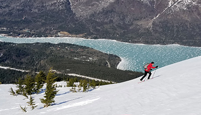 Hinged bindings greatly improve the facility of snowshoes on steep slopes as shown here on Cecil Rhode Mountain near Cooper Landing in 2018