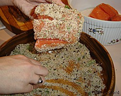 After dredging the fish in the salt place in a bowl The dry brine will pull moisture from the fish 30 t0 45 minutes is all it takes don39t leave it longer or it will be too salty