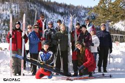 A happy group of beginning skiers