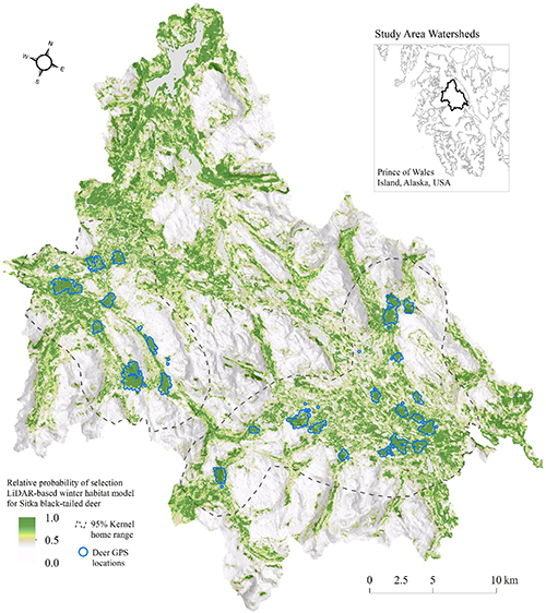 A map of Prince of Wales Island in southern Southeast Alaska showing relative probability for deer habitat use