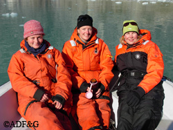 From left to right Natalie Bool Suzanne Conlon and Christine Schmale waiting to transfer captured seals in Johns Hopkins Inlet Natalie was a volunteer with the Park Service this summer and helped study vessel interactions with harbor seals in Johns Hopkins Inlet Suzanne was employed by the Alaska SeaLife Center in Seward and has been on many capture trips with the Fish and Game research team