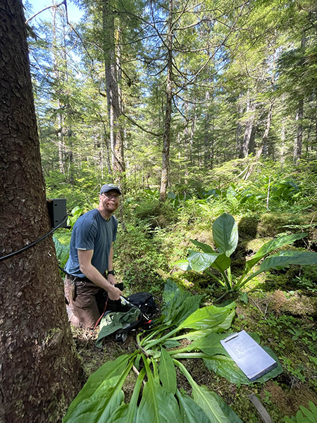 Juneau Area Biologist Roy Churchwell smiles after logging data associated with one of the camera sites on Douglas Island Data such as canopy type understory vegetation types and elevation to name a few are documented A snowstake pictured in the background is placed five meters from each camera to help biologists document changes in vegetation and snow depth as seasons change copyADFampGAbby McAllister