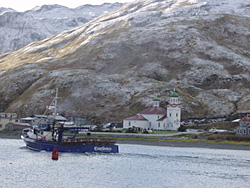 A crab boat heads out to the Bering Sea