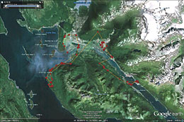 This map shows the locations of one of the tagged goldeneyes as it moved around the Juneau area The Juneau airport and Mendenhall wetlands are near the center of the frame with  Douglas Island below Stephens Passage to the left and Gastineau Channel to the right
