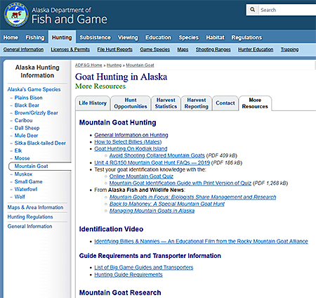 The Alaska Game Species section of the Fish and Game website offers hunters a great deal of information for hunt planning This is a look at the quotmore resourcesquot tab on the Mountain Goat profile
