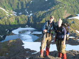 Doug and Trevor Larsen near Upper Mahoney Lake on Rivilla Island The site of the 1991 goat introduction is behind them