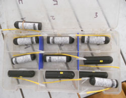 Acoustic tags before they are inserted into king salmon and the yellow Floy Tanchor tags that mark the fish