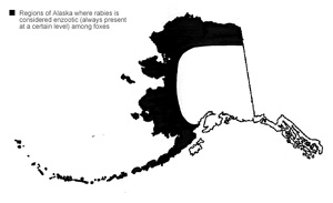 Regions of Alaska where fox rabies is considered to be endemic  always present at some level