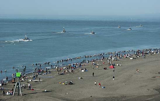 Commercial fishermen and personal use dipnetters enjoy fishing the peak of the Kenai River sockeye salmon run 2007  Photo courtesy of Pat Shields ADFampG Soldotna