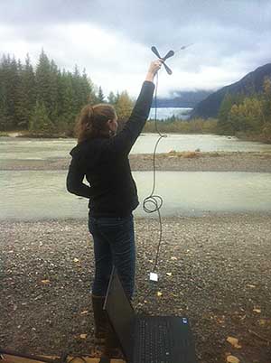 Fish and Game biologist Stephanie Sell attempts to download GPS data from a radio collared bear near the Mendenhall Glacier