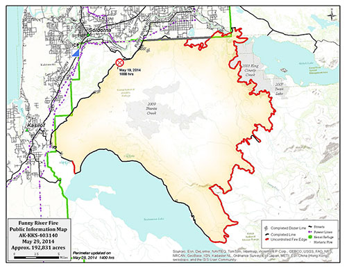 A map of the burn area made May 29 encompassing a little under the total 200000 acres Image courtesy Alaska InterAgency Management Team