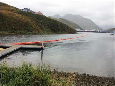 Boom deployment exercise in the Iliuliuk River There are three general wildlife response strategies in the event of a spill The primary response strategy is essentially to keep the oil away from the wildlife by controlling the source of the spill and the spread of oil