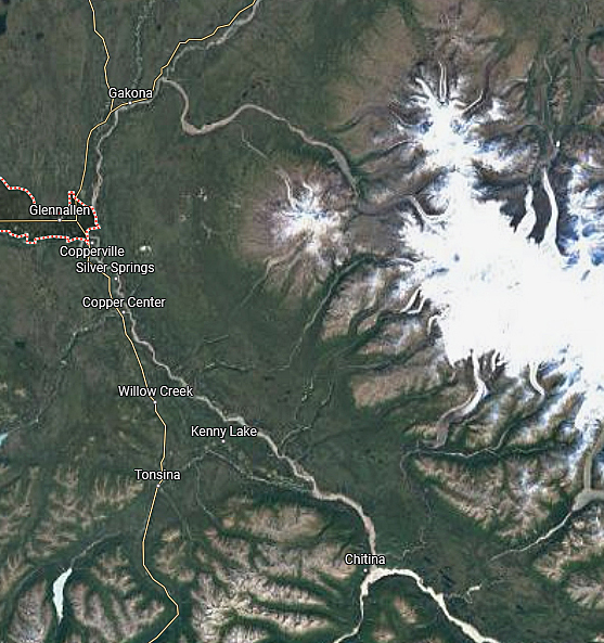 The Copper River Bison Herd ranges around the center of this satellite image The Copper River flows diagonally across the image and the Sanford River flows west near the top out of the glaciercovered Wrangell Mountains Chitina is at the bottom at the confluence of the Chitina and the Copper rivers At the center of the image the Nadina and Dadina rivers flow west out of the Wrangells into the Copper just east of Willow Creek on the Highway This area is the traditional territory of the  Ahtna people