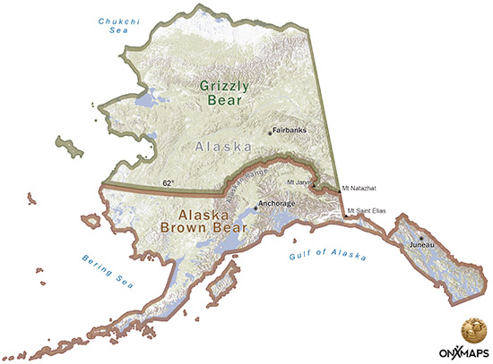 A map of Alaska showing the delineation used by the Boone and Crockett Club when categorizing emUrsus arctosem specimens for trophy record classification The Kodiak Archipelago can be seen directly south of the mainland in the western portion of the Gulf of Alaska  Map courtesy of the Boone and Crockett Club ndash wwwboonecrockettorg