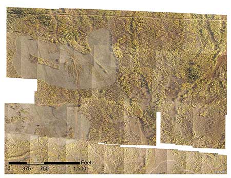 Photos taken by the drone creating a composite image of the landscape The smoothedover areas have been treated