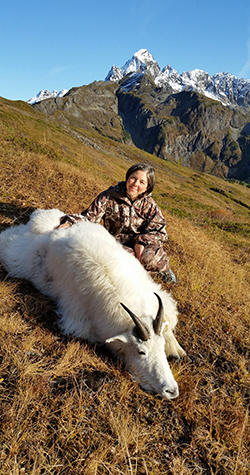 Mary Haught with her mountain goat Photo by Stormy Haught used with permission