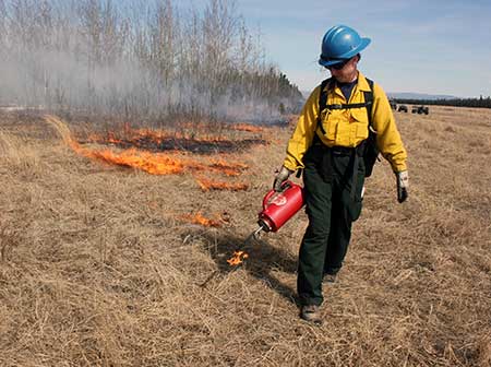Author Sue Rodman with a drip torch Flame length is an important consideration with prescribed burning Photo by Tim Mowry