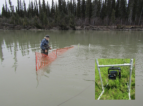 Deploying sonar at mouth of Big River Inset an ARIS out of water