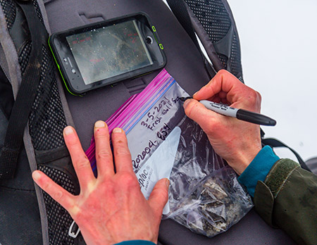 A biologist collects wolf scat and records the information Photo by Sean Neilson