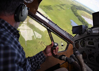 Biologist and pilot Tom Seaton banks over bison of the Innoko herd during a survey in the spring of 2020 Photo by Jen CurlADFampG