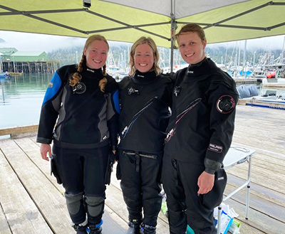 ADFampG scientific divers left to right Katie Taylor Rhea Ehresmann and Whitney Crittenden at the Petersburg Outdoor Recreation Creation Adventure ORCA marine science camp Kellii WoodADFampG