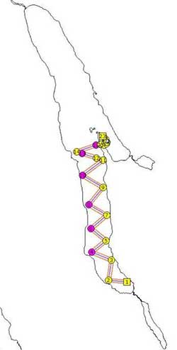 Image of Karluk Lake and a plotted diving mission as indicated by the purple way points