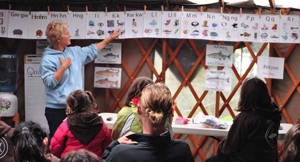 ADFG personnel learn Alutiiq language at the Dig Afognak camp