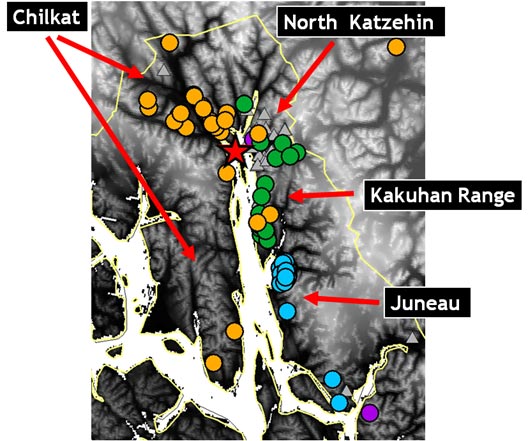 Figure 4 Map showing the location of mountain goat genetic samples collected in northern Southeast Alaska near Lynn Canal Samples are color coded based on distinct genetic groupings In the area shown 4 genetically distinct populations are described each population is separated low elevation areas or marine waters which tend to be barriers to mountain goat dispersal