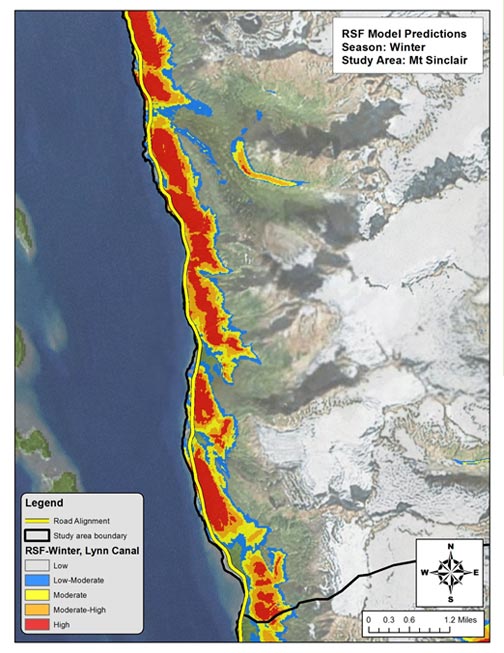 Figure 3 Map illustrating the juxtaposition of mountain goat winter habitat and the proposed Juneau Access highway in the Lynn Canal area south of the Katzehin river